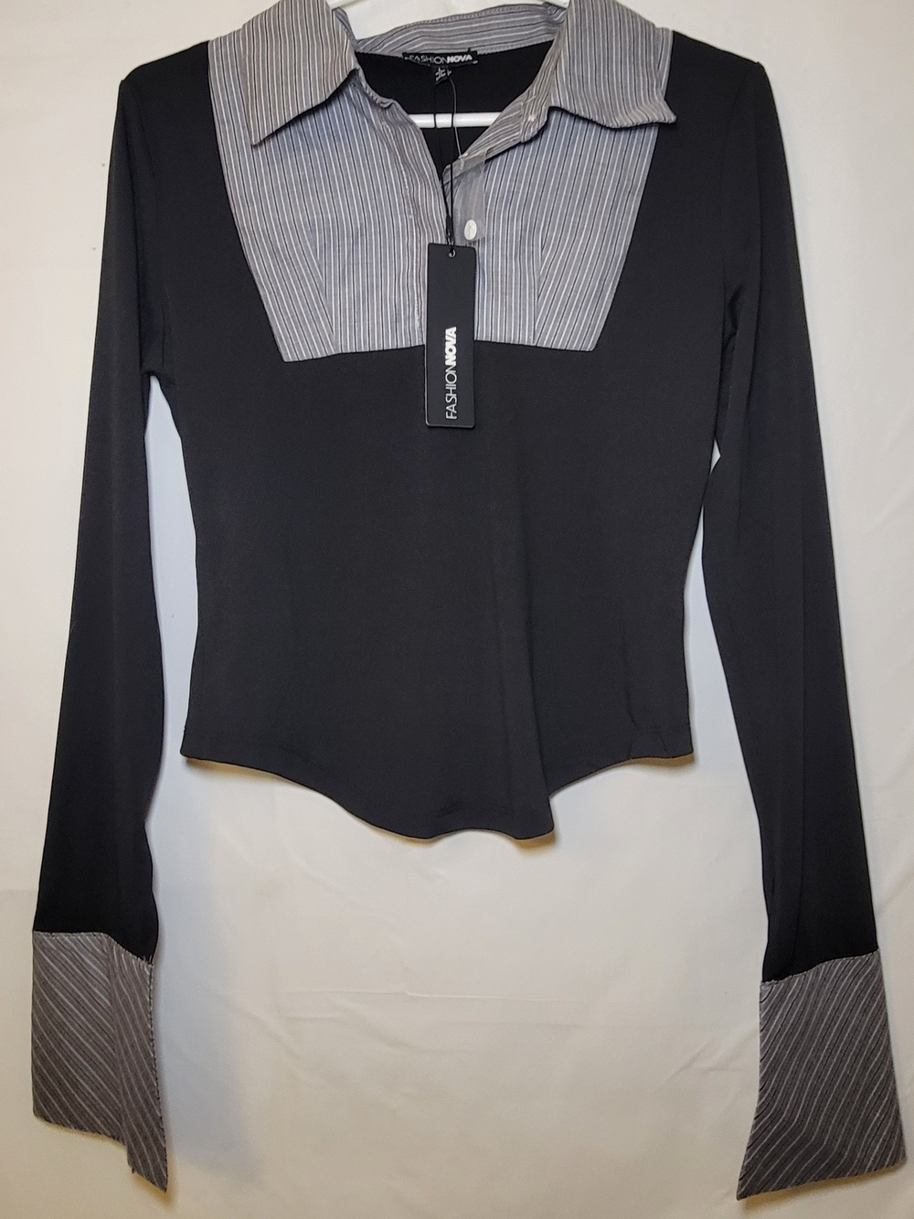 Fashion Nova Black Long Sleeve Top with Gray Pinstripe Collar & Cuffs